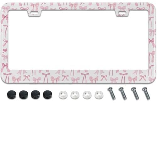 License Plate Frame for Pink Bow Stainless Steel License Plate Frames Holder Covers RustProof Auto Parts Decoration with Screws License Plate Holder for Car Accessories 12x6 Inch