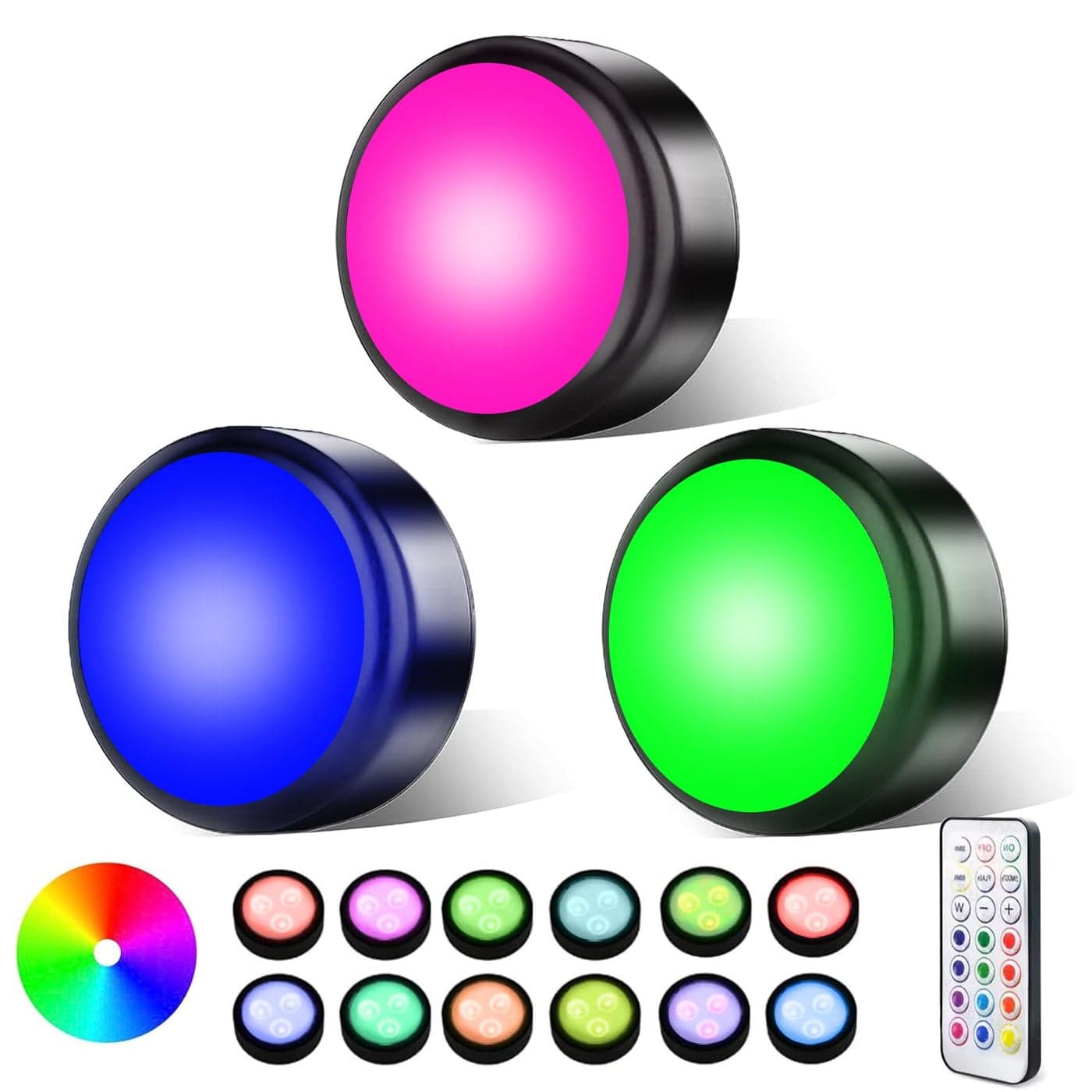swesara Puck Lights with Remote WarmWhite Light and 13 Colors Changing use 3 AA Batteries Easy to Install Touch and Push Activation 55 Lumens 1 Watts Dimmable with Timer 3Pack