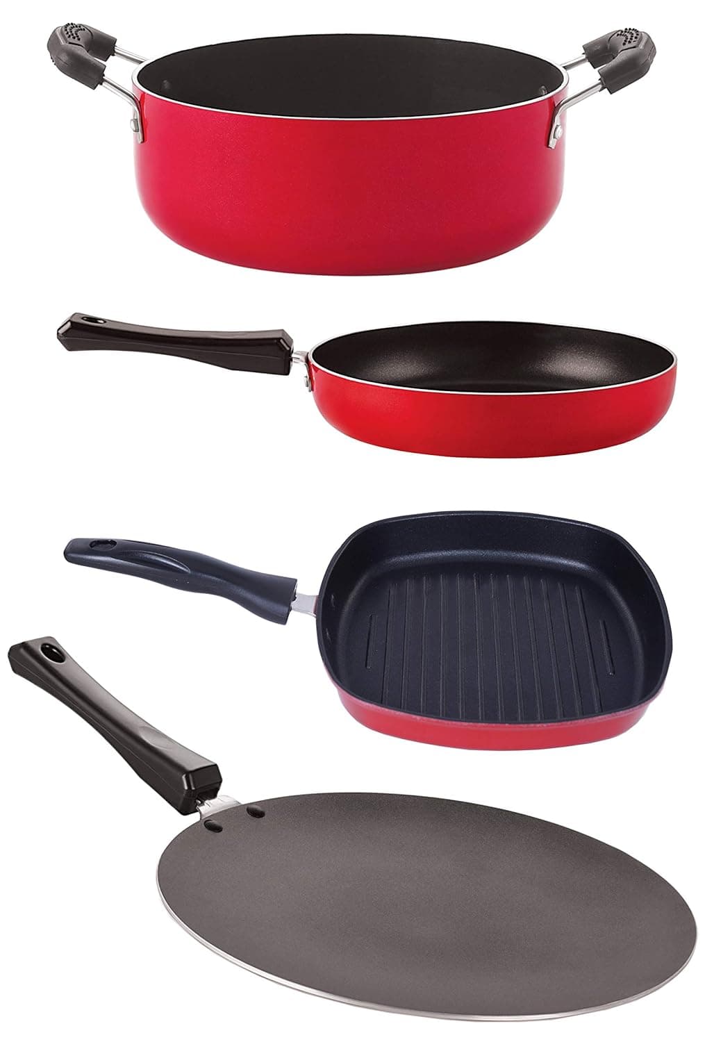 Nirlon Non Stick Coated Heat Resistance Pfoa Free Aluminium Cookware Utencil Gift Set4 Pieces Red Black CT12_FP11_GP245_CS24