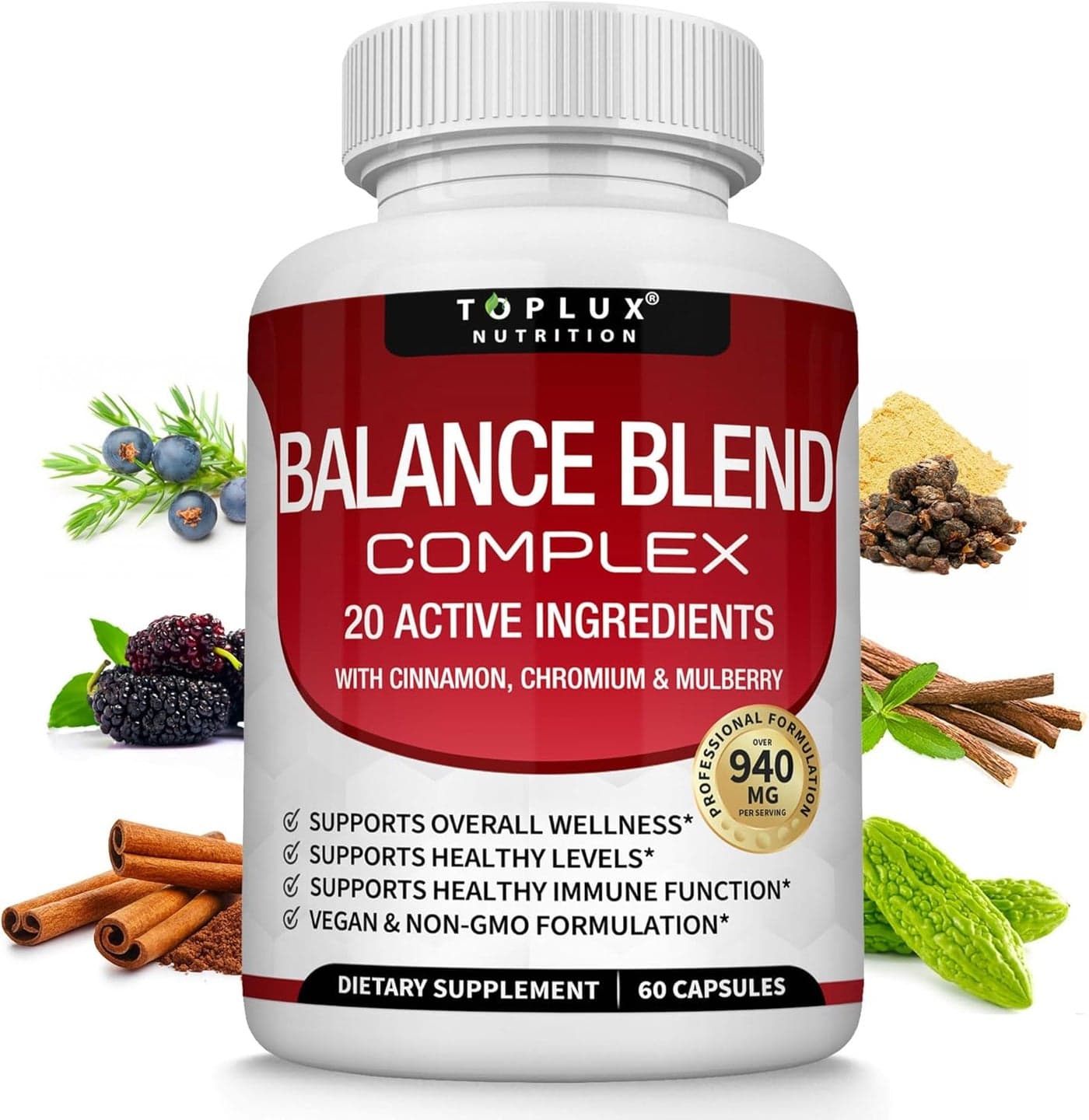 Premium Natural Balance Blend Complex Supplement Natural 20 Herbs and Vitamins with Cinnamon NonGMO Vegan for Men Women 60 Capsules