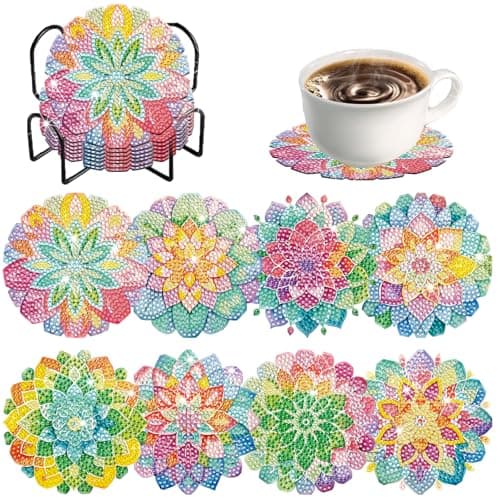 8 Pieces Lotus Diamond Coasters with Holder DIY Cute Lotus Diamond Art Coasters 5d Craft Decor for Beginners Adults for Gift