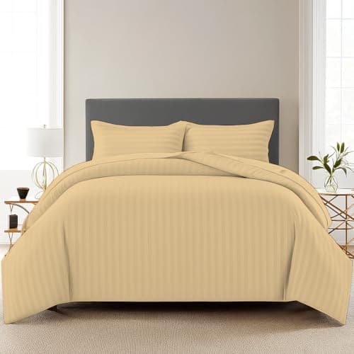 Trance Home Linen Zippered 100% Cotton 200TC Satin Stripe King Size Duvet Cover Quilt Cover Blanket Cover Razai Comforter Cover with 2 Pillow Covers (102 x 110 inch, Beige)