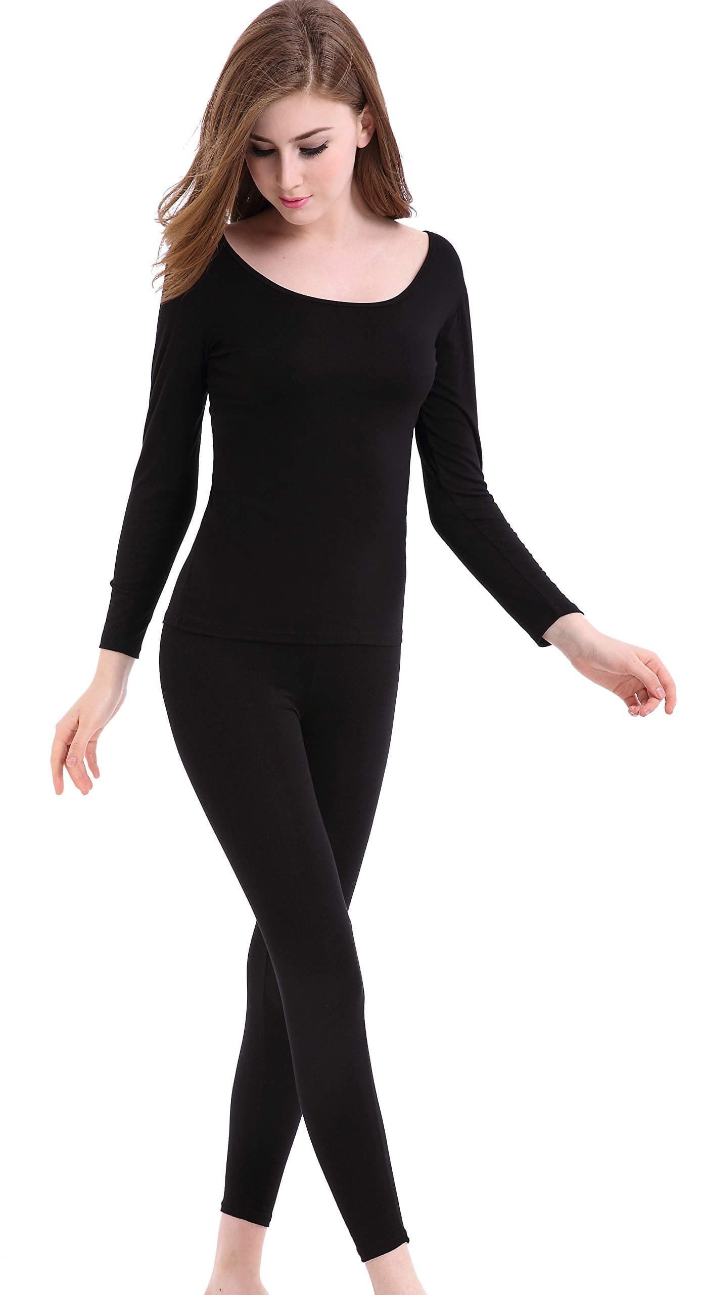 Women Thermals Underwear Crew Neck Base Layer Lightweight Stretch Long Johns Set Black