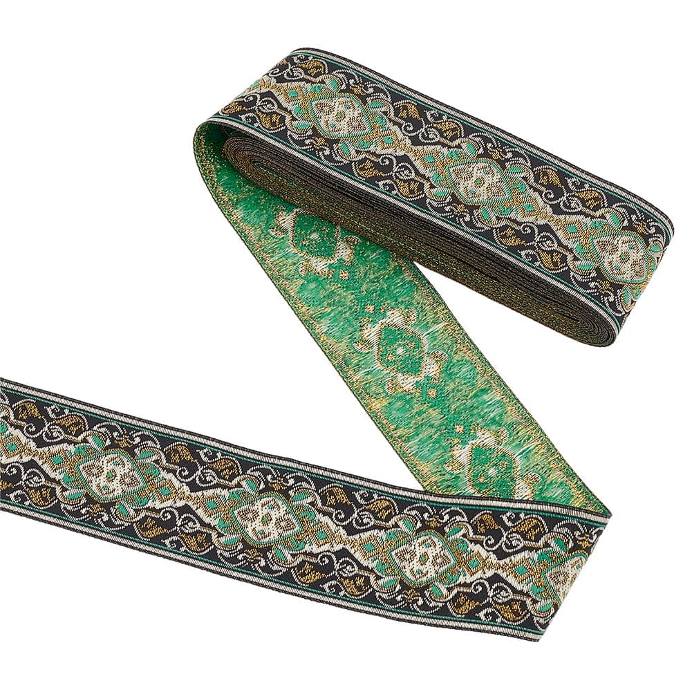 FINGERINSPIRE 2 Inch Wide Diamond Flower Metallic Jacquard Ribbon 77 Yard Geometric Black Green Polyester Boho Jacquard Ribbons Tapestry Fringe Trim Embroidery DIY Accessory for Cloth Home Decor