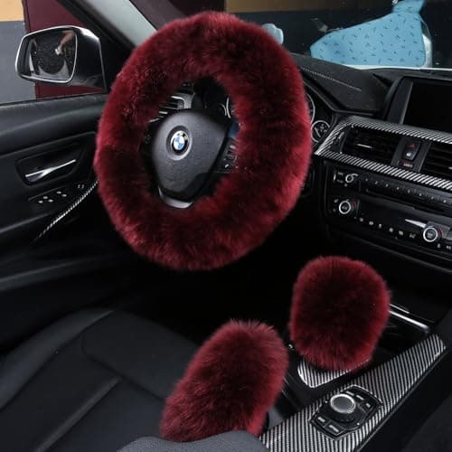 3Pcs Set Fashion Fluffy Fuzzy Wool Fur Soft Car Steering Wheel Cover with Handbrake Cover Gear Shift Cover for WomenGirlsLadies Auto Long Wool Accessories Dark Red