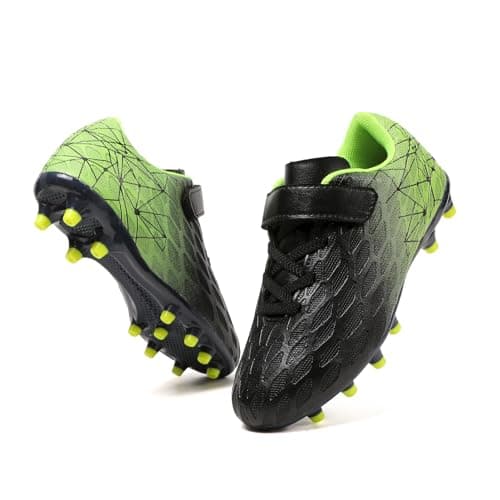 Skerxut Soccer Cleats, Kids Firm Ground Football Shoes, Boys Girls Athletic Outdoor (Black/Green, Big Kid, 5, Numeric, US Footwear Size System, Medium)