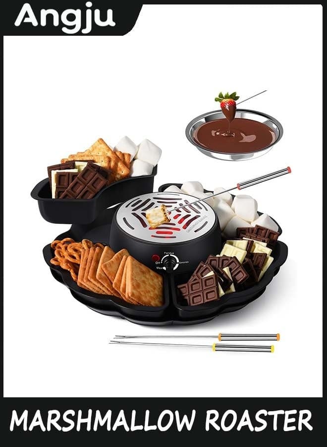2 in 1 Electric Fondue Pot, Tabletop Indoor Flameless Electric Marshmallow Roaster with 4 Roasting Forks, 4 Detachable Trays & 1 Flameless Temperature-controlled Heater, Movie Night Supplies