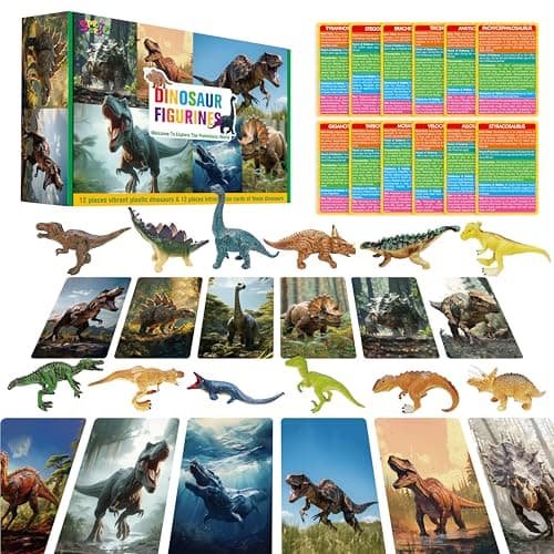 12 PCS Dinosaur Figurines with 12 Introducing Flashcards Portable Dinosaur Figurines Montessori Toys Science Educational Matching Game for Homeschool Preschool Toddler Kids