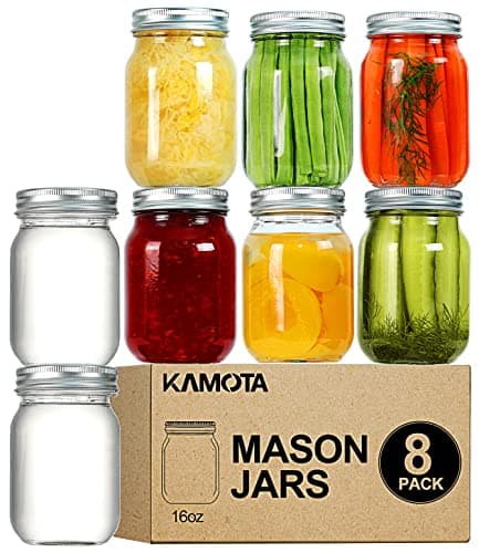 KAMOTA Mason Jars 16 OZ With Regular Lids and Bands Ideal for Meal Prep Jam Honey Wedding Favors Shower Favors Baby Foods DIY Magnetic Spice Jars 8 PACK 10 Whiteboard Labels Included