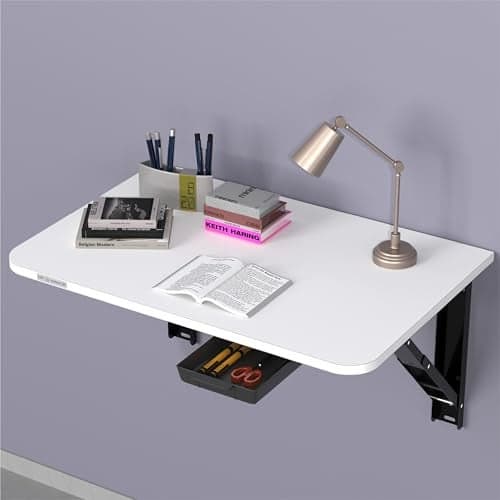 MY ARMOR Wall Mounted Round Corner Folding Wall Study Table with Drawer | Wall Mount Table of Wood | Foldable Laptop Desk for Home and Office Computer - White- 24 x16 Inches