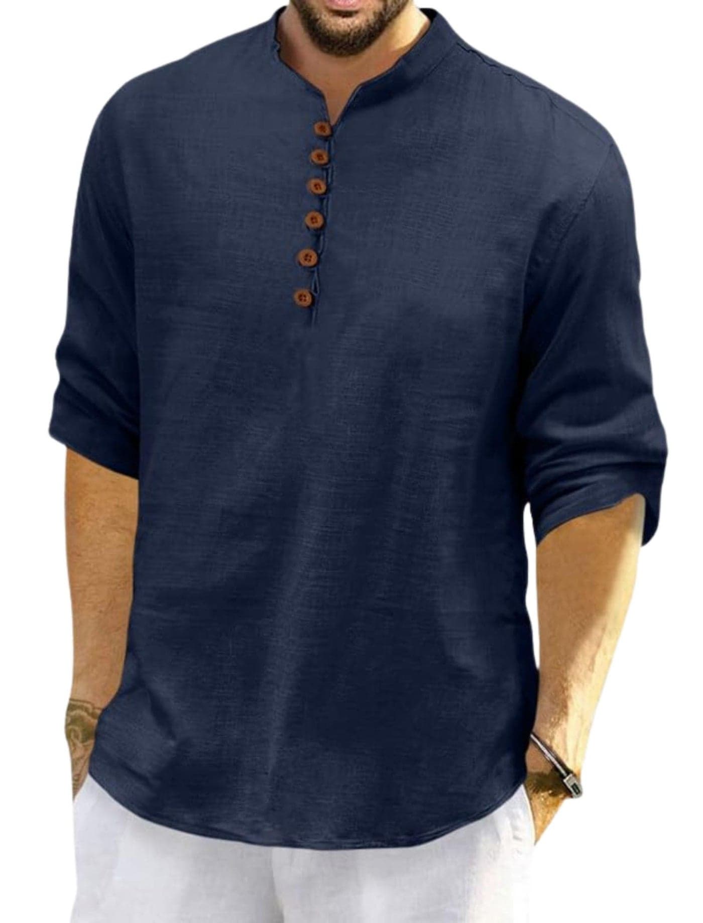 Macsivo Men's Cotton Blend Short Kurta with Solid Mandarin Collared Full Sleeve Curved Hem Length | Kurta for Men Stylish Navy Blue
