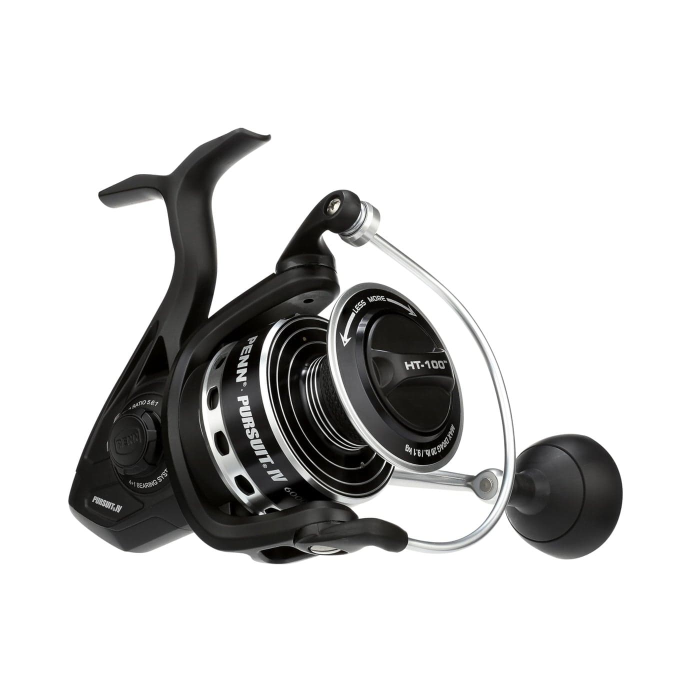 PENN Pursuit IV Inshore/Nearshore Spinning Fishing Reel, Size 6000, HT-100 Front Drag, Max of 20lb, 5 Sealed Stainless Steel Ball Bearing System, Built with Carbon Fiber Drag Washers,Black/Silver