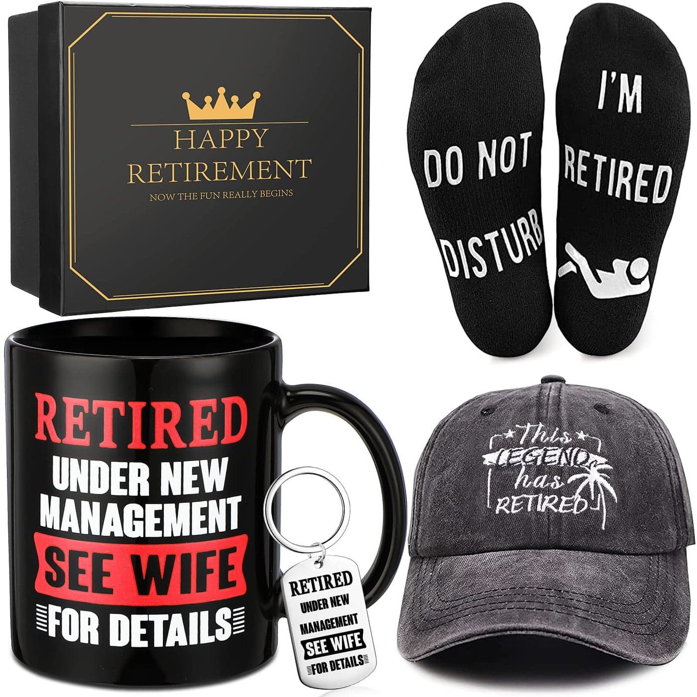 Sieral Retirement Gift Set for Men Funny Guys Retired Gifts Include Mug Baseball Cap Socks Keychain with Box