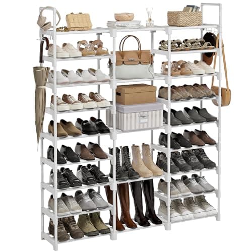 WOWLIVE 9 Tiers Large Shoe Rack White Shoe Rack Organizer for Closet 5055 Pairs Stackable Heavy Duty Shoe Shelf Shoe Storage with Metal Pipes Plastic Connectors