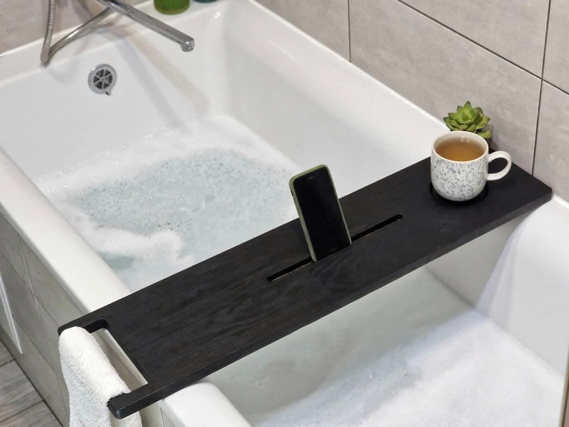 Runam Woods Premium Bathtub CaddyTray with MbileTable CupGlass and Towel Holder Solid Wood Tub Tray Table Pool Shelf Tray HomeSpa Tray Large 40