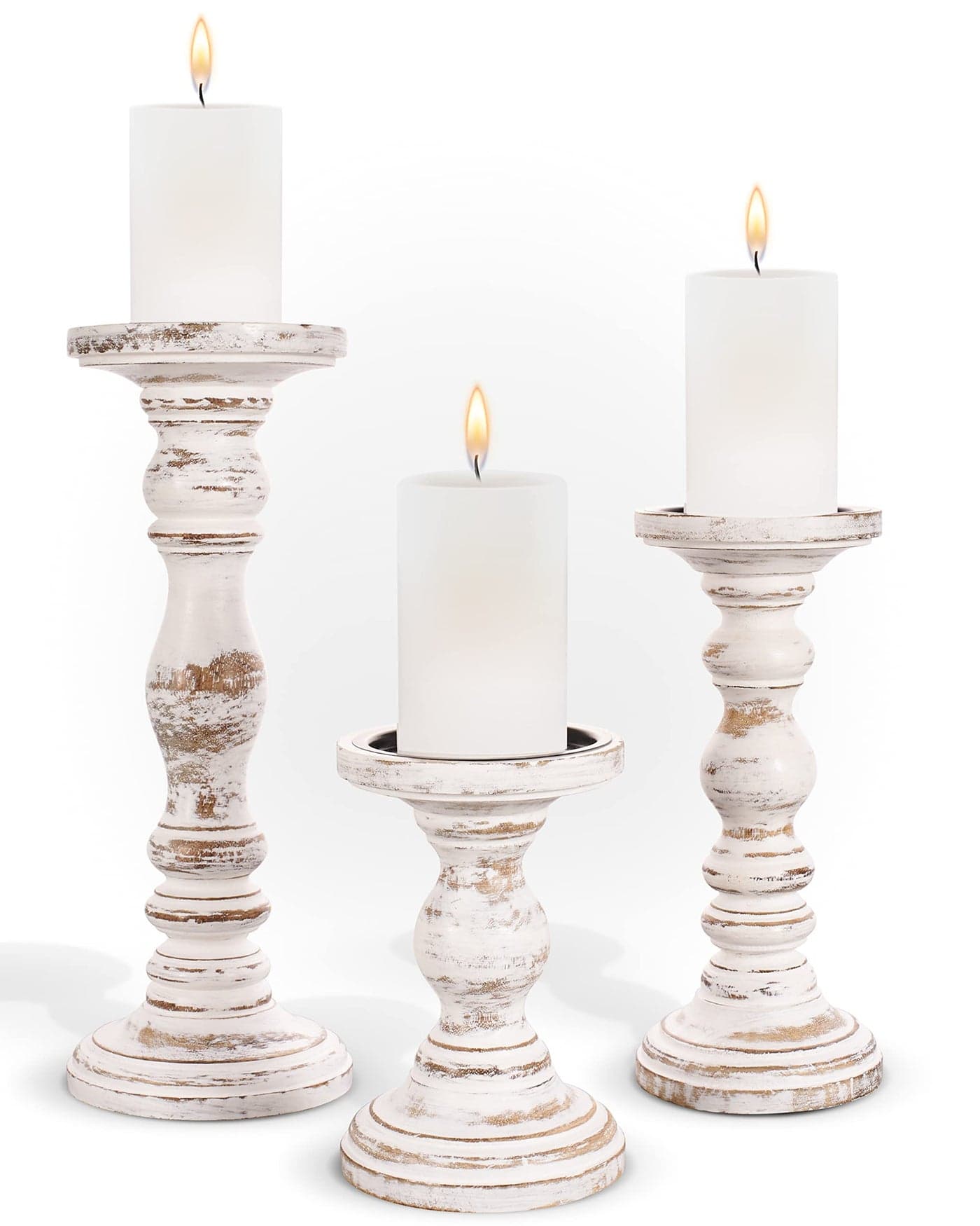 Large Candle Holders for Pillar Candles Rustic Farmhouse Style Home Decor Perfect for Table Centerpieces Coffee Table or Fireplace Mantel 3 Piece Set White