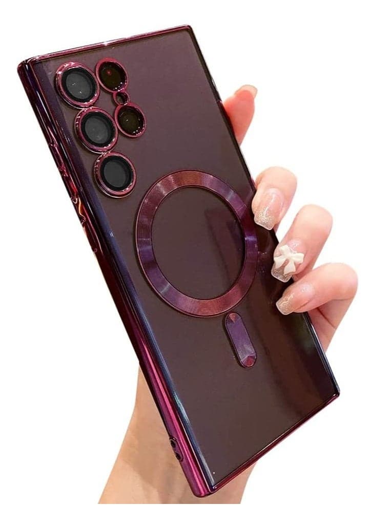 for Samsung Galaxy S23 Ultra Case Magnetic Clear with Camera Lens Protector Full Protection MagSafe Electroplated Silicone Slim Fit Shockproof Protective Case Cover - Burgundy