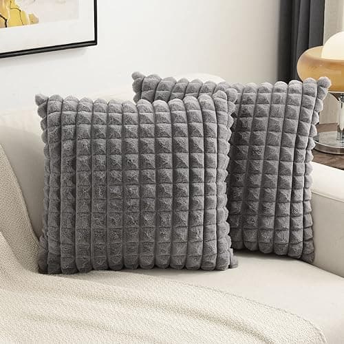 FUTEI Grey Decorative Throw Pillow Covers 20x20 Inch Set of 2,Square Gray Checked Cushion Case,Fluffy Faux Rabbit Fur Plaid & Soft Velvet Back,Modern Home Decor for Couch Bed