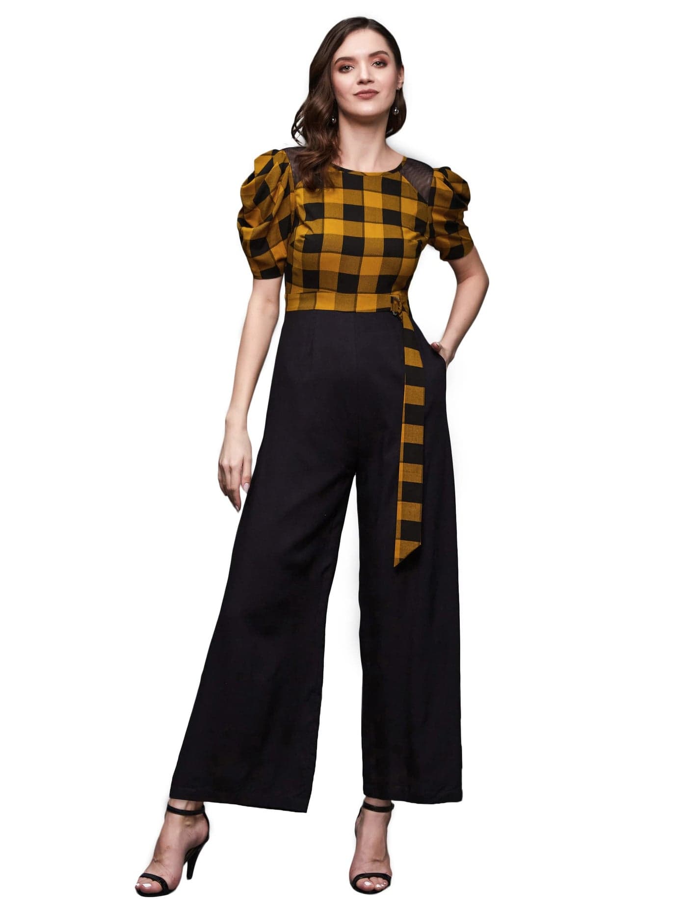 Miss Chase Women's Black & Mustard Round Neck Cowl Sleeve Checkered Wide-Leg Viscose-Rayon Regular Length Jumpsuit (MCSS23D15-71-298-05, Black & Mustard, L)