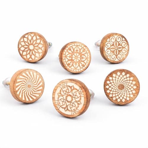 Indianshelf 6 Pieces Wood Brown Floral Boho Cabinet Knob Set Handmade Unique Round Drawer Pulls Handles Wardrobe Kitchen Furniture Decorative Wooden Dresser Knobs for Kids Room