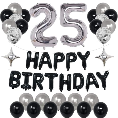 NANINUNENO 25th Black Silver Birthday Party Decorations for Men Women Happy 25 Birthday Party Supplies with Black Happy Birthday Banner Silver Foil Stars Happy Birthday Balloons for 25th Birthday