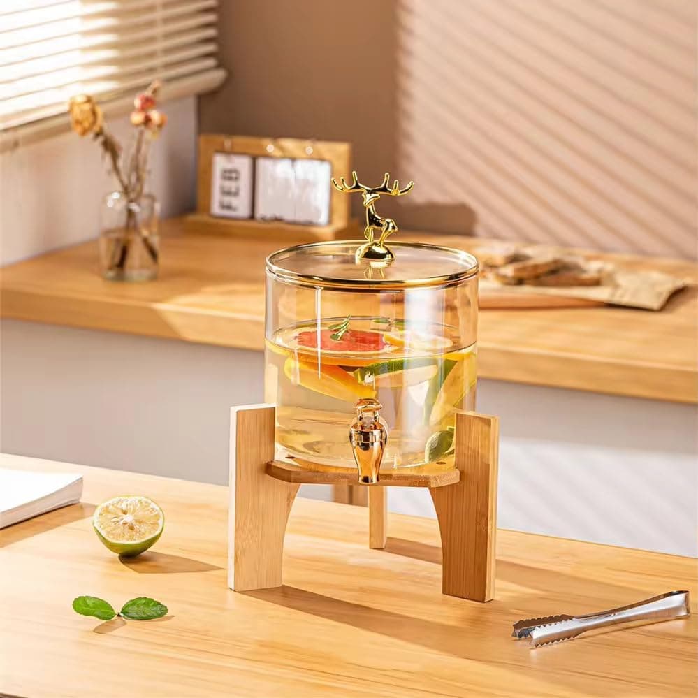 Encheng 2.6 LTR Glass Beverage Dispenser with Wooden Stand & Golden Spigot and Deer Topper Luxury Water Drink Dispenser Jar with Lid for Juice Water, Cocktails & Party Serving (Dispenser 2.6 LT)