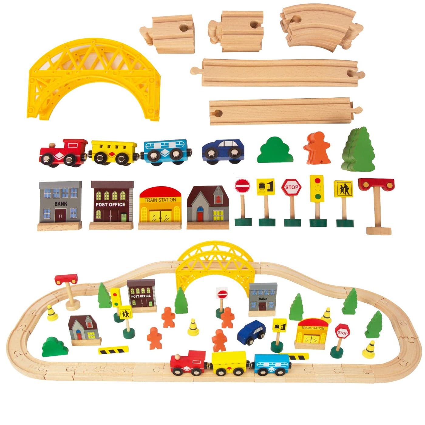 60Pcs Train Set for 3 Year Old Boys DoubleSide Wooden Train Set Tracks for Toddlers Fits Brio Thomas Melissa and Doug Kids Wood Train Toys for 3 4 5 Year Old Boys and Girls Yellow