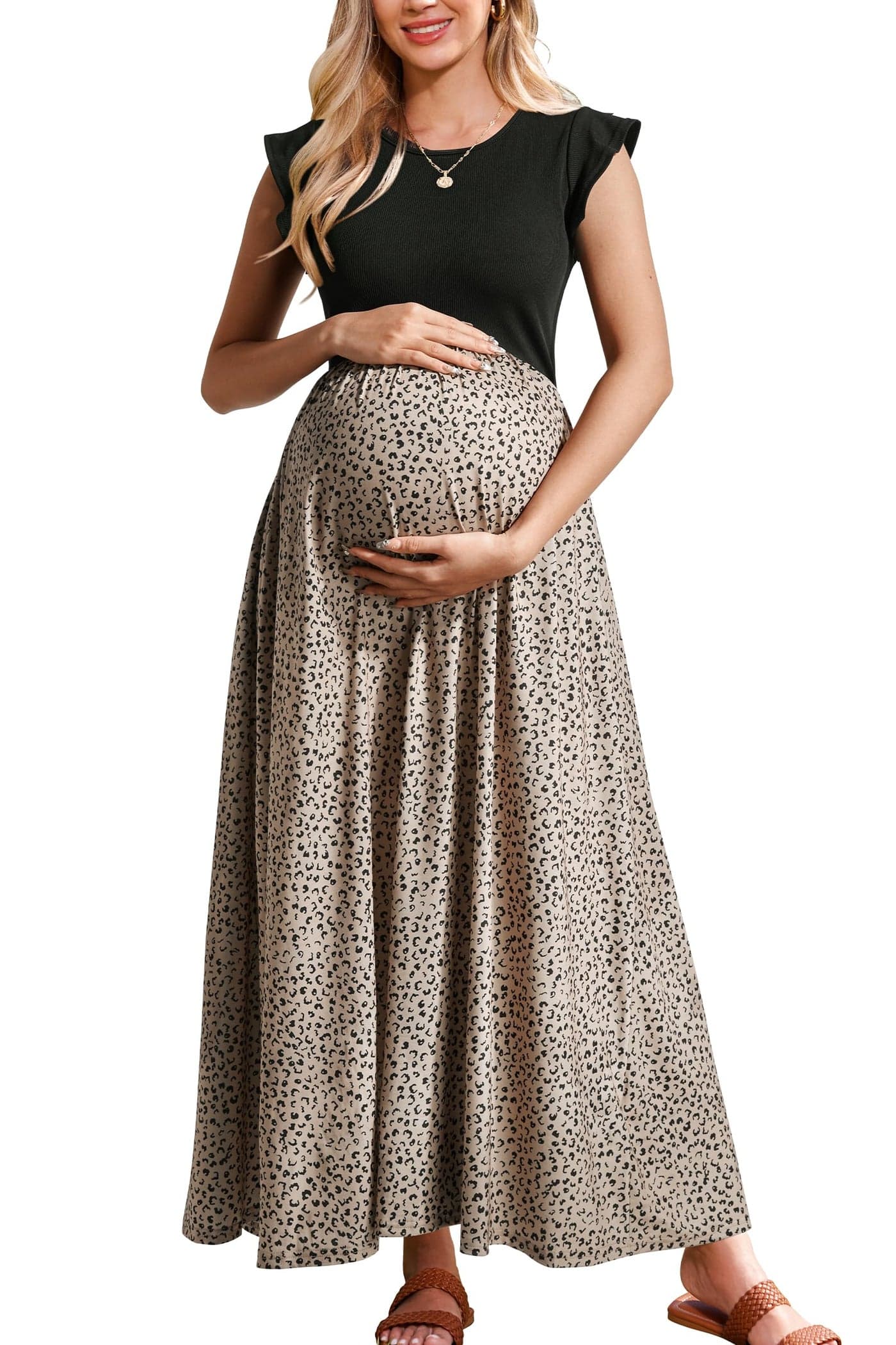 OUGES Women 2025 Spring Summer Floral Maxi Dresses Maternity Clothes Casual Long Fashion Photoshoot Dress with Pockets(Floral A,M)