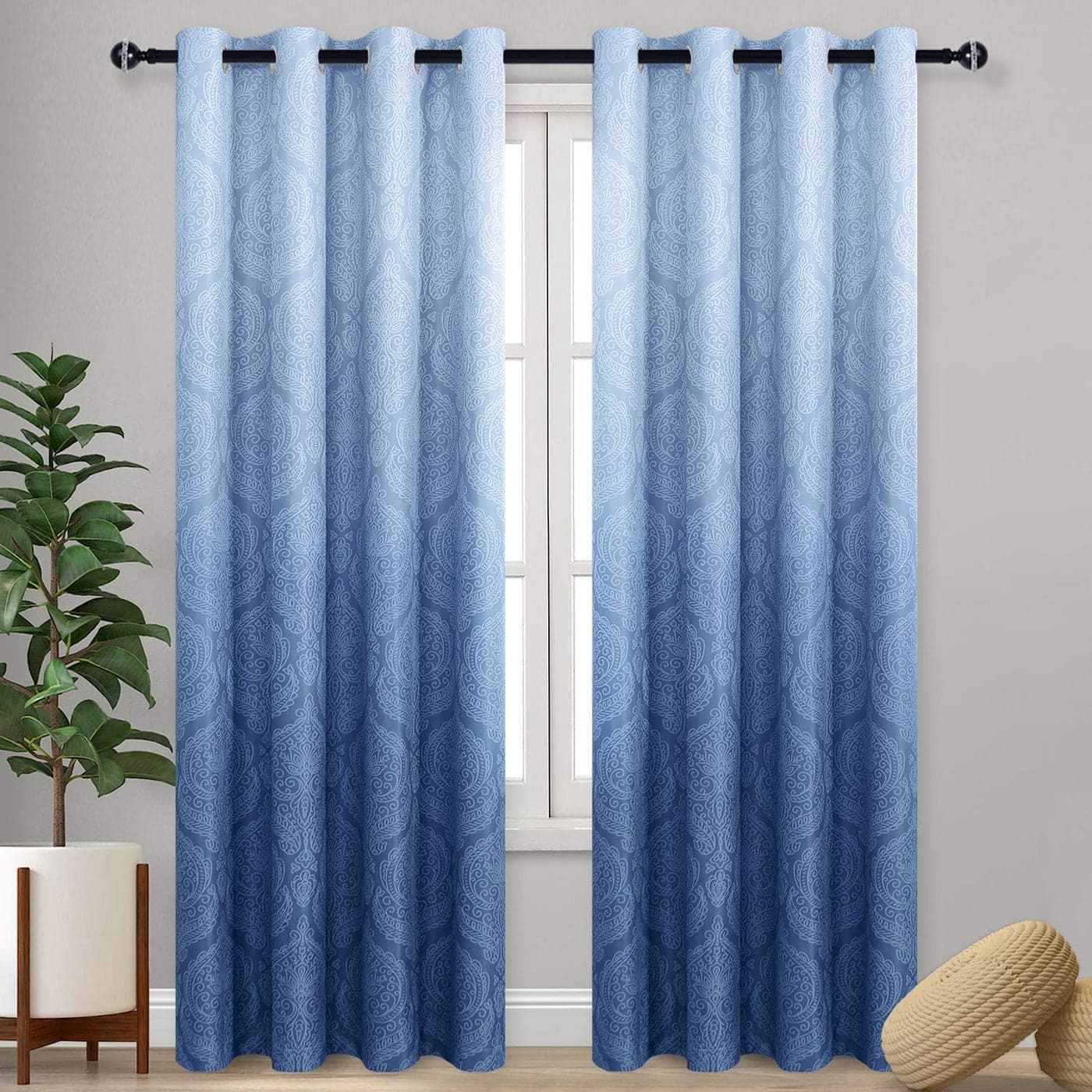 DWCN Ombre Blackout Curtains for Bedroom Damask Patterned Thermal Insulated Energy Saving Grommet Curtains for Living Room Set of 2 Gradient Window Curtain Panels 52 x 96 Inches Long Navy Blue