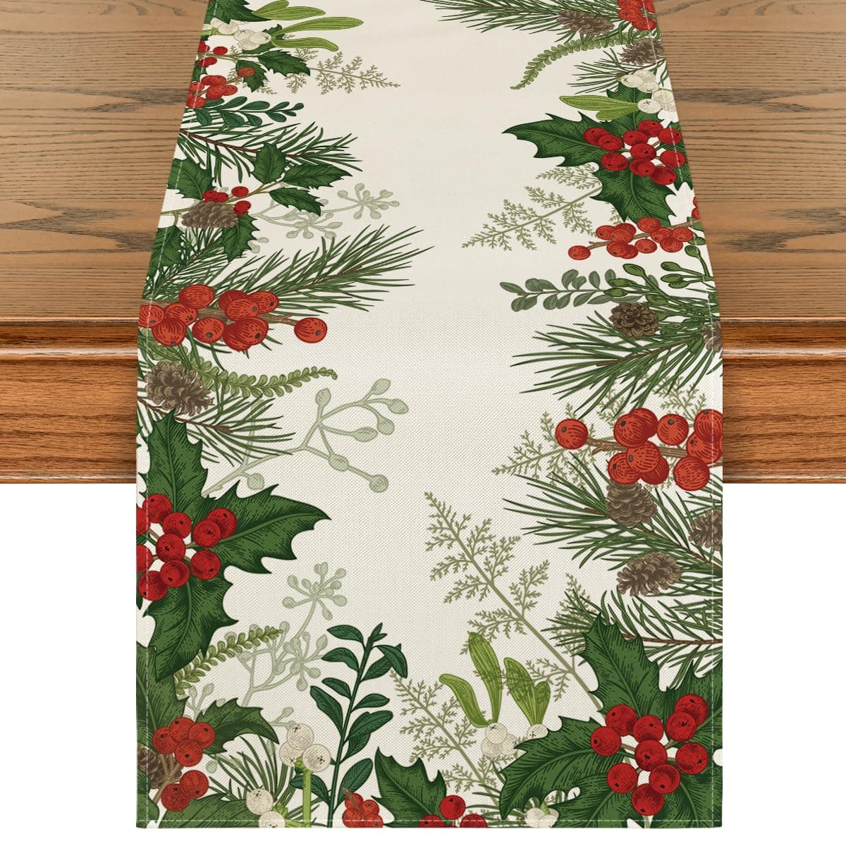 Artoid Mode Holly Pine Cone Christmas Table Runner Seasonal Winter Kitchen Dining Table Decoration for Home Party Decor 13x90 Inch