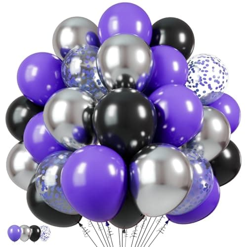 Purple Black Silver Latex Balloons 65pcs 12 Inches Metallic Silver Purple Confetti Balloons with 1 Ribbon for Halloween Birthday Graduation Anniversary party decorations