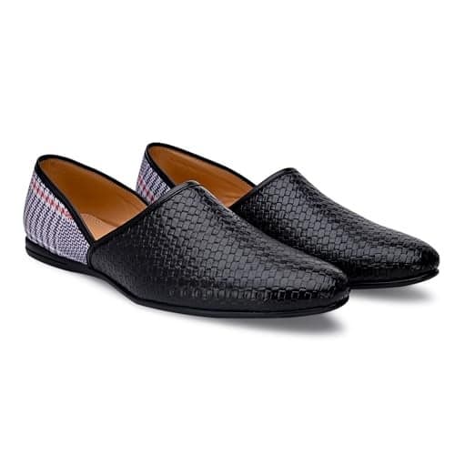 San Frissco Men's Embroidered Mojaris Casual Slip-On Shoes | Soft Cushioned Footbed Insole with TPR Sole | Stylish Lightweight Jutti Perfect for Party Weddings Festive Season - 7(Black)