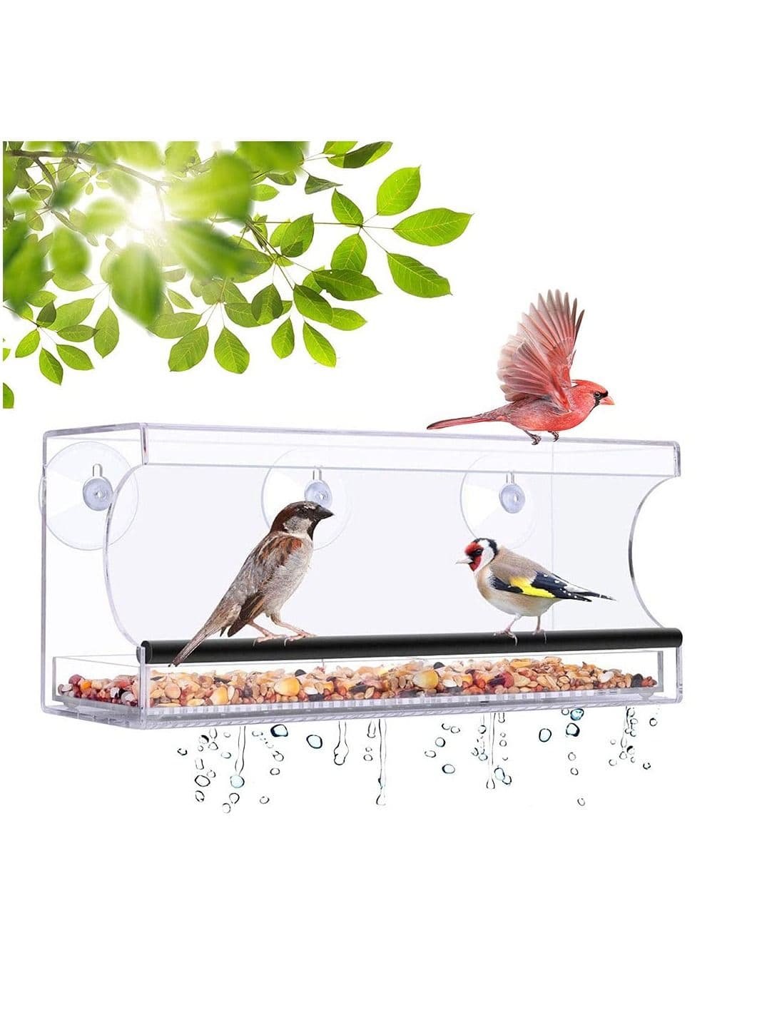Weather Proof Acrylic Window Bird Feeder House with Strong Suction Cups and Sliding Seed Tray