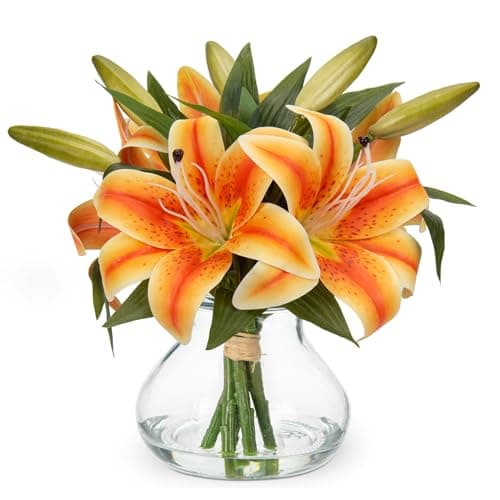Hollyone Tiger Lily Fall Flowers Artificial for Decoration in Vase Real Touch Orange Autumn Silk Faux Flowers Arrangements with Glass Vase with Fake Water Lily Centerpiece Fall Decorations for Home