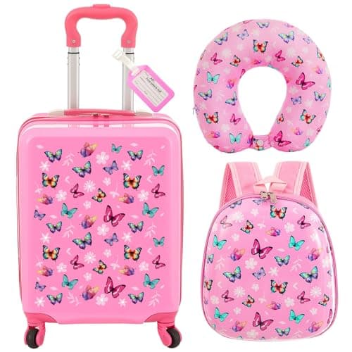 Sanwuta 4 Pcs Kids Luggage Set Kids Backpack Travel Rolling Suitcase with Wheels U-shape Pillow Childrens Gift for Girls Boys(17 Inch,Butterfly Style,Rose Pink)
