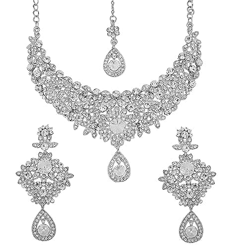 Touchstone Indian jewelry sets for women bollywood necklace hollywood glamour white rhinestones grand wedding evening wear mangtika necklace set in white tone.
