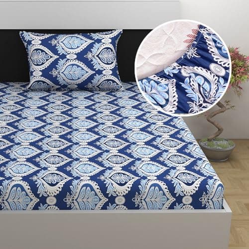 Divine Casa 144 TC Cotton Floral Print Single Bed Elastic Fitted Bedsheet with 1 Pillow Cover (90 x 198 + 15 cm, Blue Ribbon)