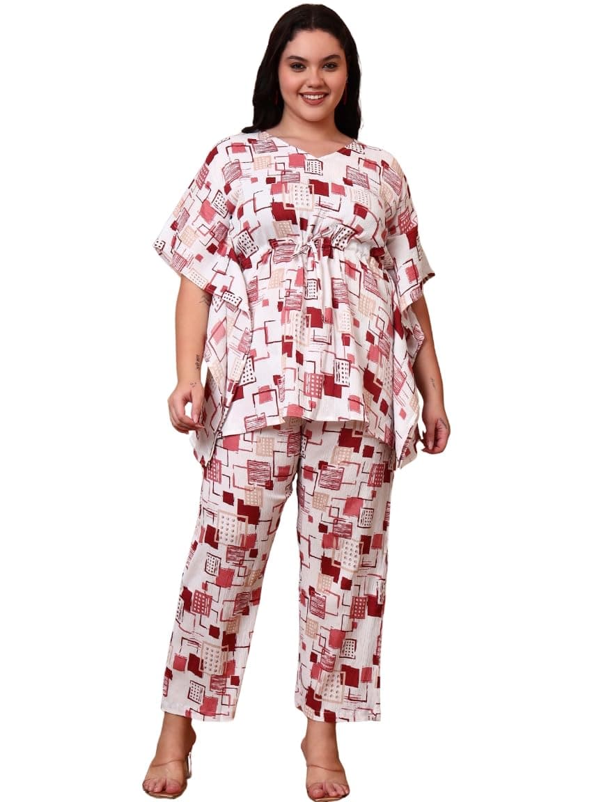 Yash Gallery Women’s Cotton Blend Printed Kaftan Style Top with Drawstring Waist & Straight Pants Night Suit Set (White)