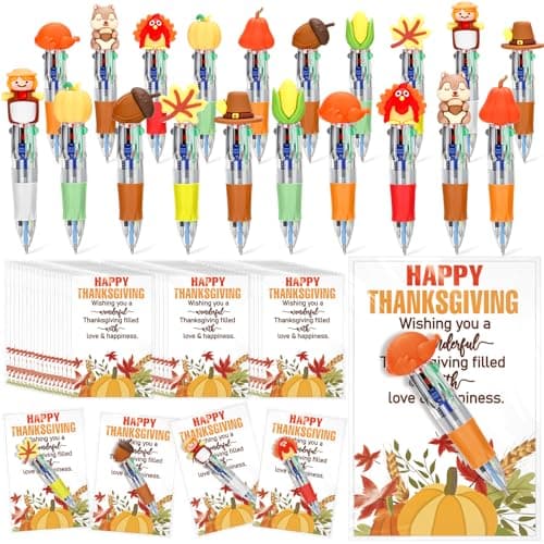 Sayglossy 50 Sets Thanksgiving Gifts Bulk Include 4in1 Pen Multicolor Pen Cute Autumn Pumpkin Maple Greeting Card Thanksgiving Party Favor Fall Gifts for Reward Employee Coworker