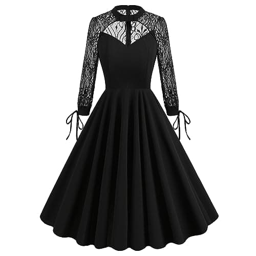 Halloween Dress for Women Gothic Black Long Sleeve Cocktail Dress for Women Wedding Guest Fall Cutout Mesh Floral Lace Dress Fit and Flare A Line Vintage Cocktail Party Swing Dress Black-Long Sleeve M