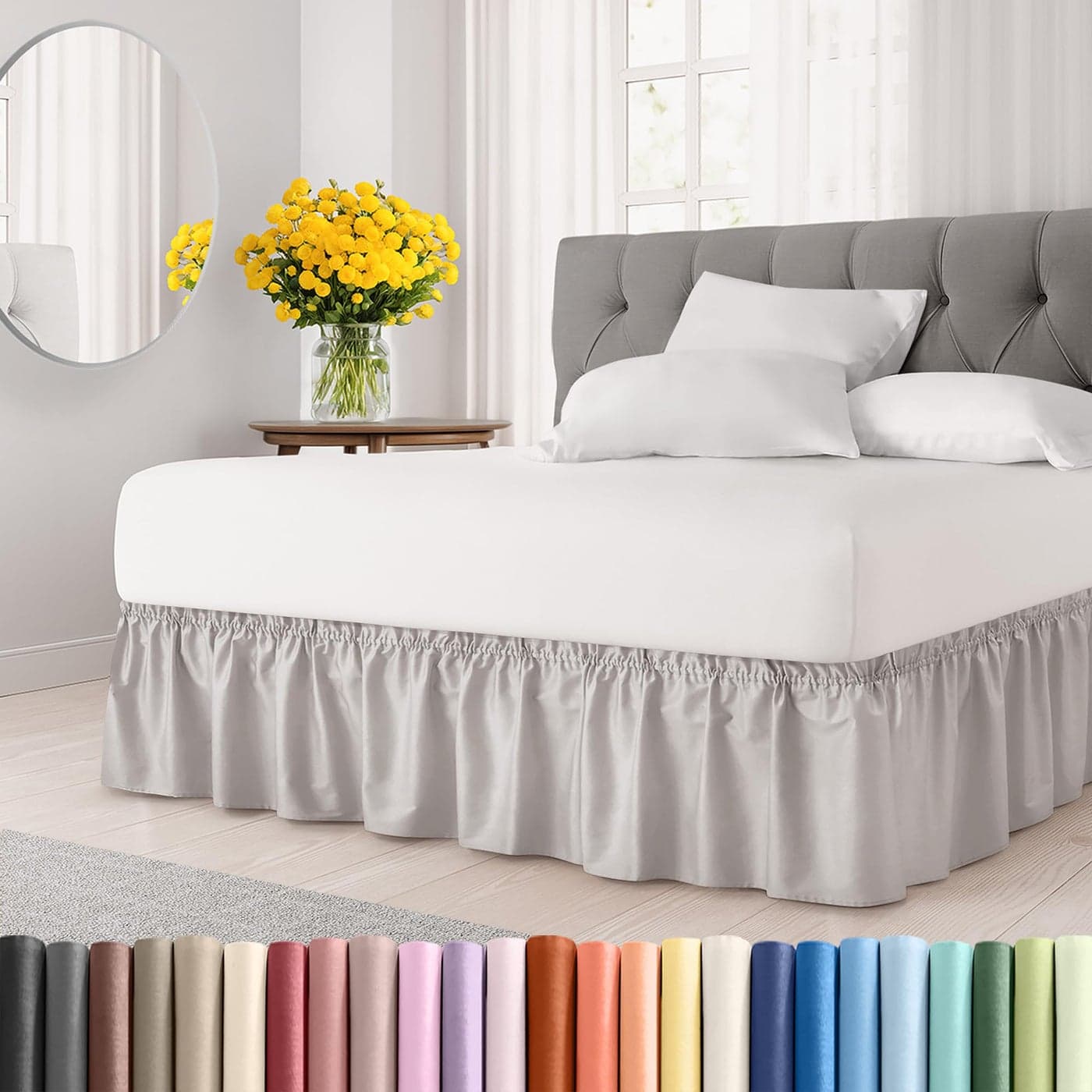 Wrap Around Dust Ruffle Bed Skirt White for Queen Size Beds with 15 Inch Drop Easy Fit Elastic Strap Adjustable Pleated Bedskirt wBrushed Fabric Wrinkle Free for Women Men Kids Teens