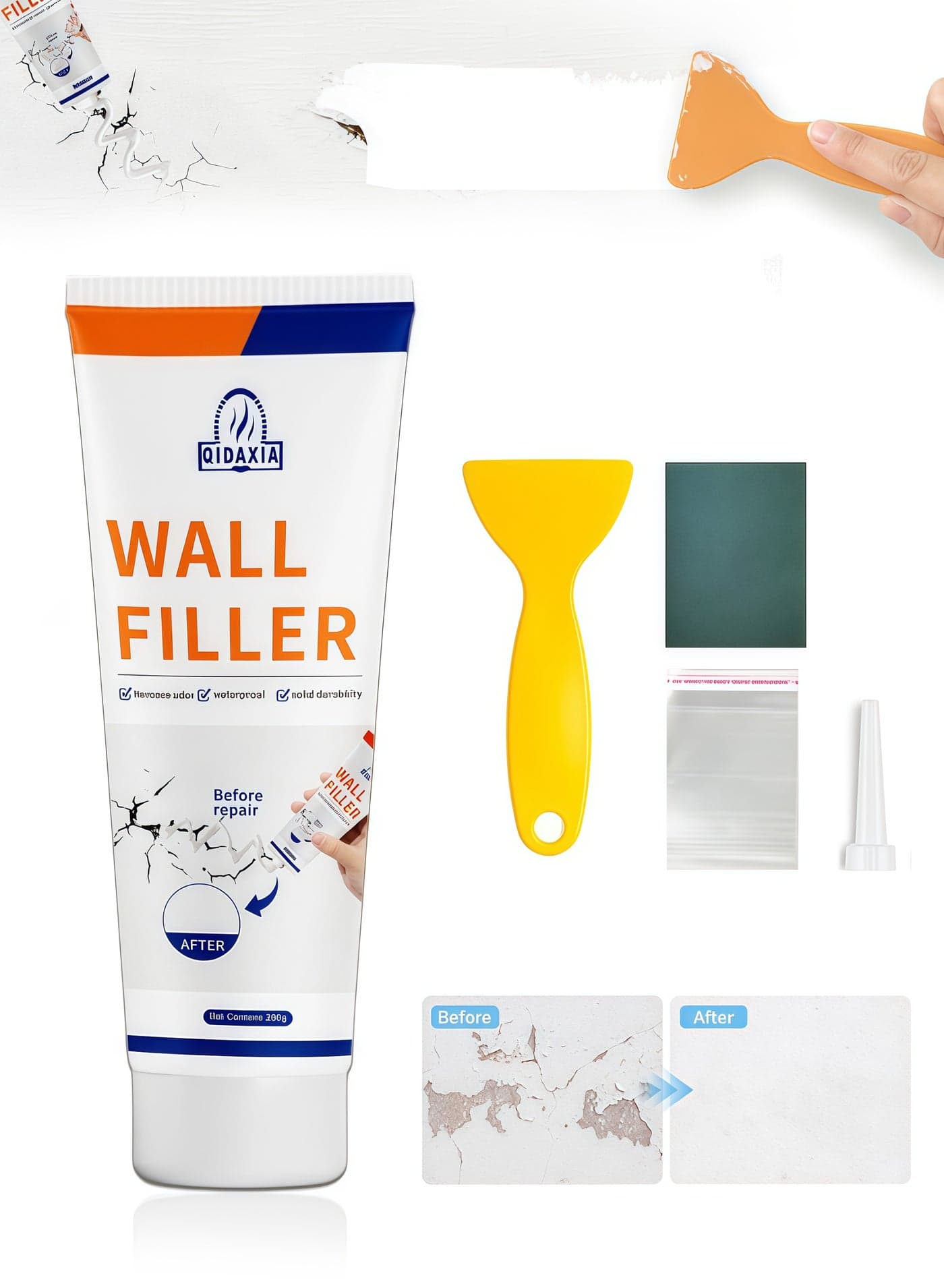 Drywall Repair Kit, Spackle Wall Repair, Wall Repair Patch Kit to Fill The Holes, Walls Putty Hole Repair Quick and Easy Solution, Sandpaper, Drywall Patches with Scraper