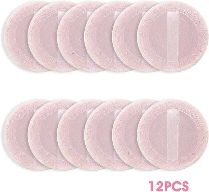 Sibba Loose Powder Puff 12 Pieces Round Velour Face Makeup Compact Body Container Setting Pressed Blending Foundation Cream Make Up Ribbon Strap Sponge Cushion Applicator Skin Color