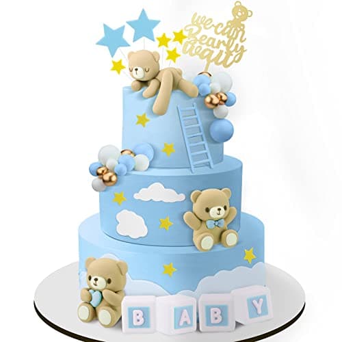 Yinder Bear Cake Toppers Mini Bear Cake Decorations Cake Toppers Gold White Pearl Ball for Birthday Party DecorationsBlue BrownCute Style