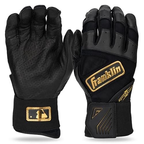 Franklin Sports MLB Batting Gloves Infinite Powerstrap Baseball Softball Batting Gloves Durable Full Wrap Cage Practice Gear Long Cuff Wrist Heavy Duty Leather Adult XL Black Gold