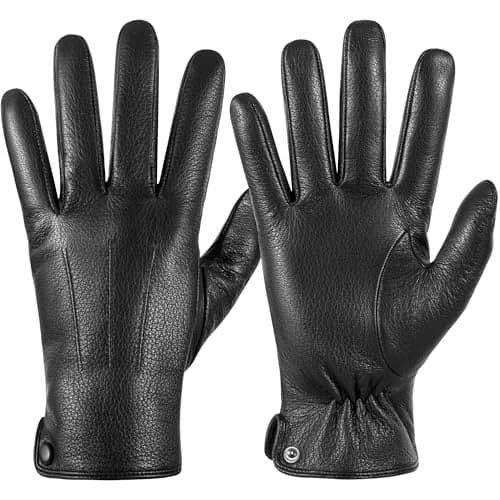 QOF Winter Genuine Leather Gloves for Men, Cashmere Warm Lined Finger Touchscreen Texting Driving Gloves