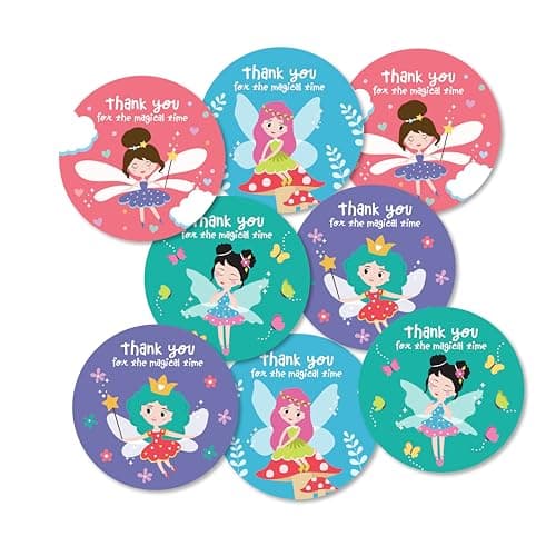 weRevel Fairy Theme Thank You for A Magical Time Party Stickers, 40 Count, 2 Inches, Round, 4 Unique Designs