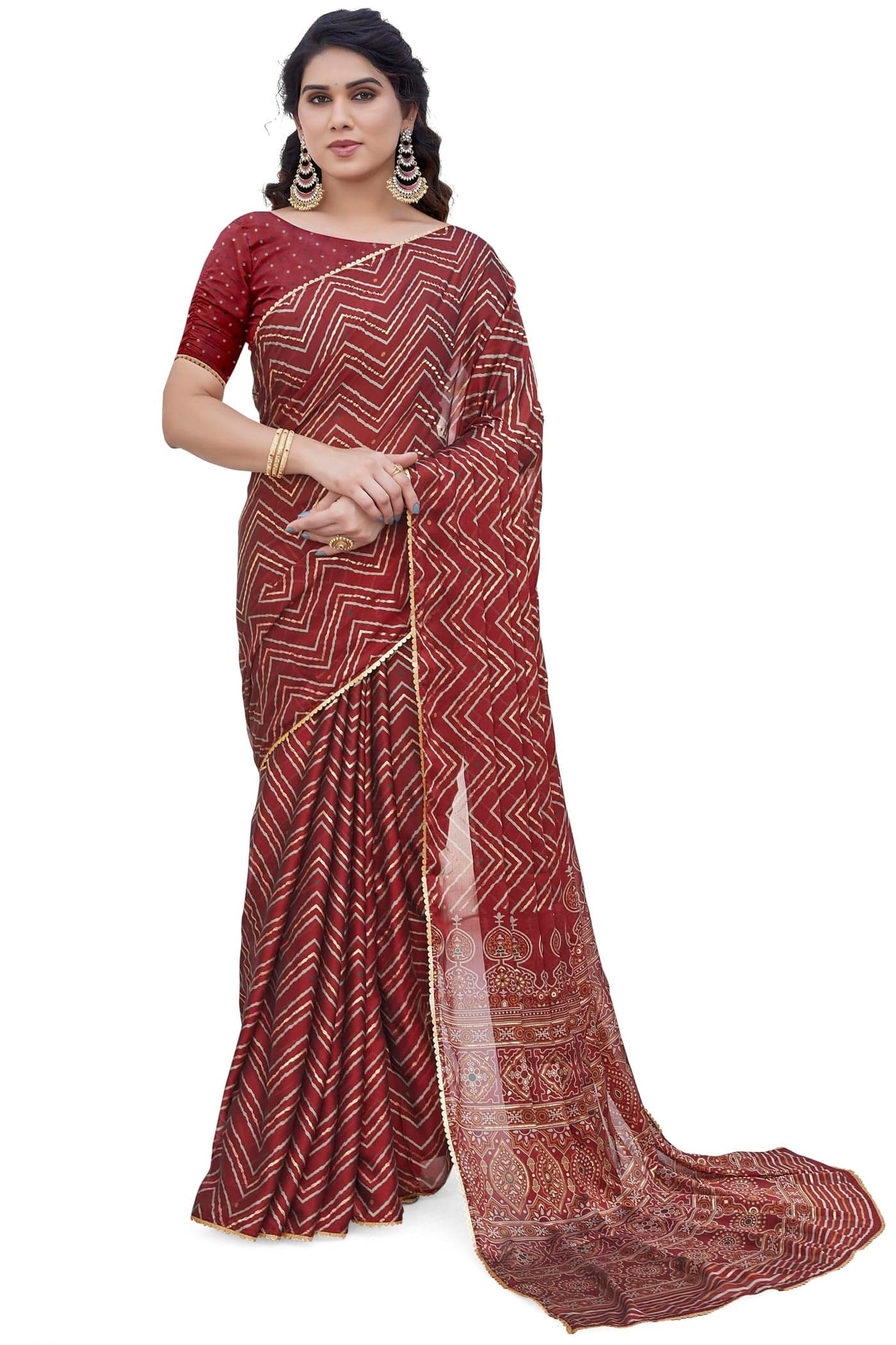MIRCHI FASHION Women's Ready to Wear 1 Min Drape Chiffon Foil Work Chevron Printed Saree with Blouse Piece (49316 - Red, Beige, Golden)