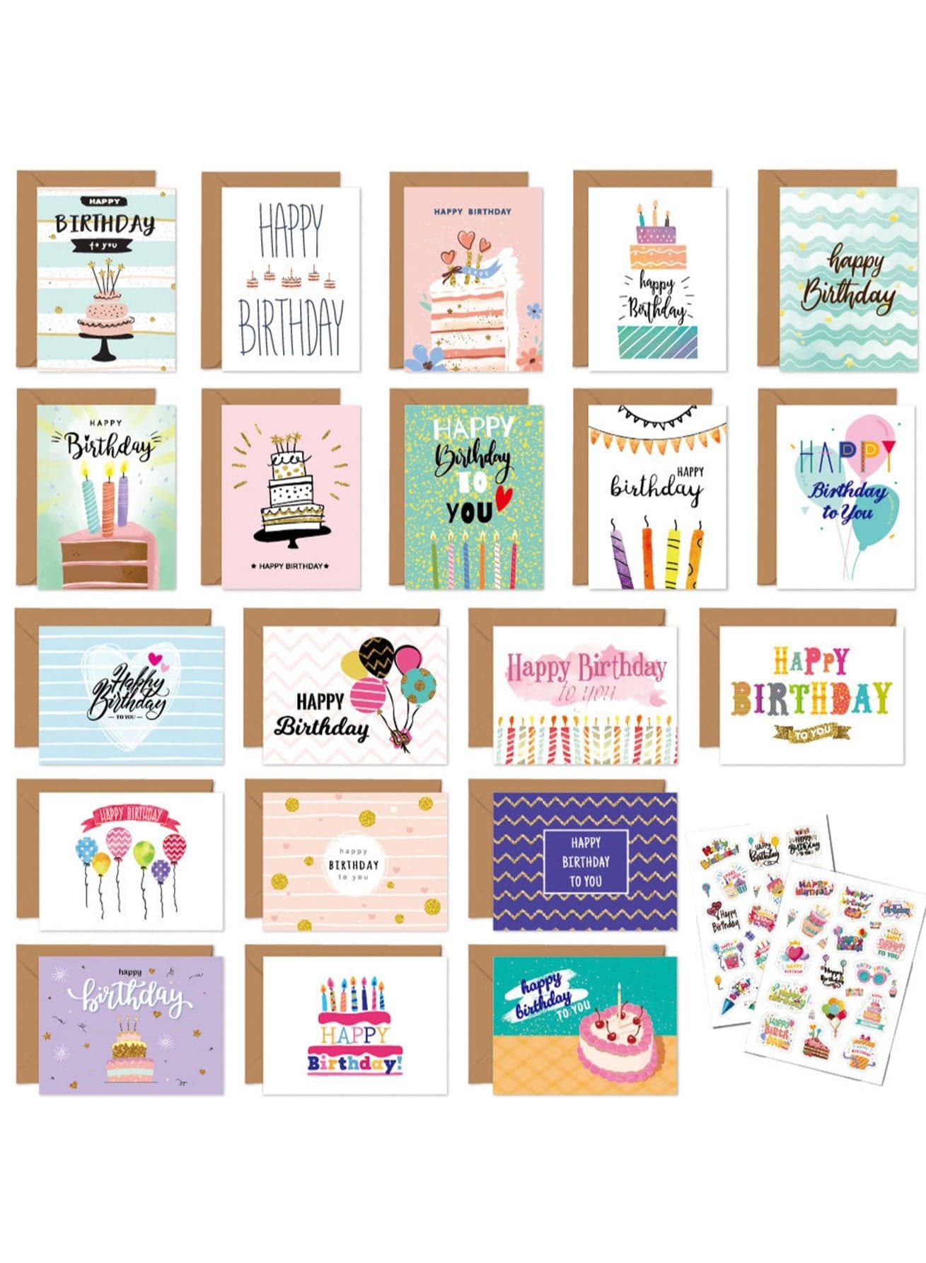20 Cute Birthday Cards Set, Suitable For Birthday Gifts For Boys And Girls Thick Card Stock With High-Quality Envelopes (Type 2)