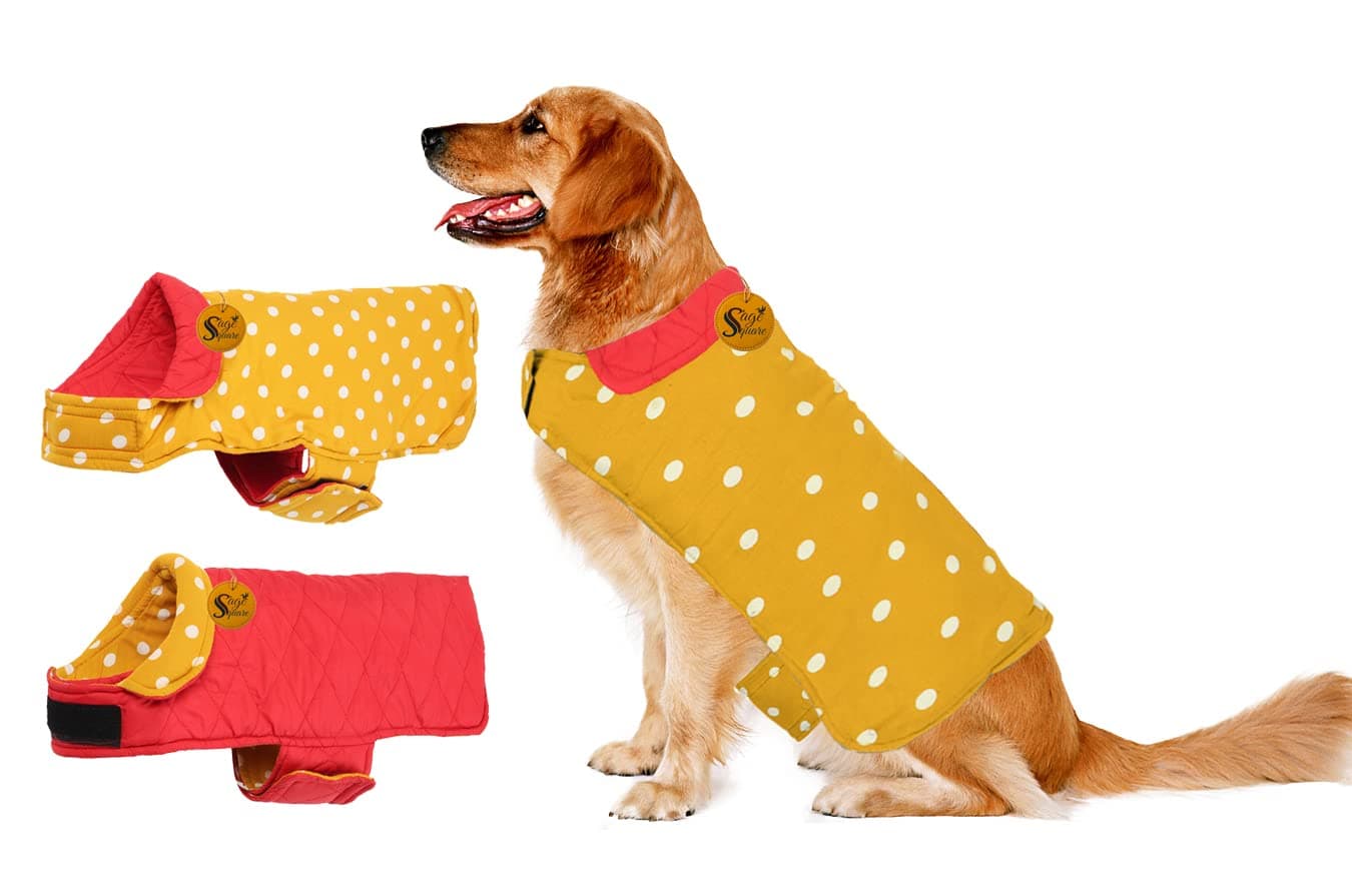 Sage Square Reversible Polka Dot Dog Winter Coat – Weatherproof Pet Jacket, Insulated, Adjustable, Soft & Snug for Warm & Cozy Comfort for Indoor & Outdoor (Yellow and Red) (Medium- 20 Inches)